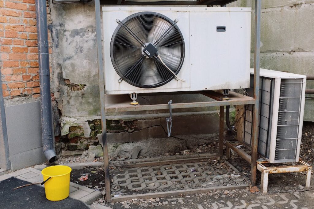 An air conditioning outdoor condenser unit in a courtyard